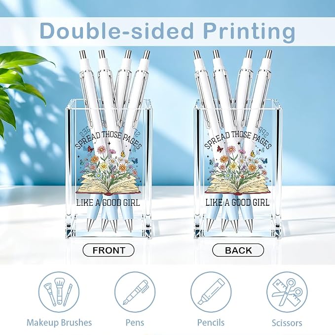 Spread Those Pages Like A Good Girl Acrylic Cosmetic Pencil Pen Holder, Funny Floral Pencil Holder for Desk, Bookish Gifts for Book Lover Librarian Teacher Reader, Reading Nook Accessories