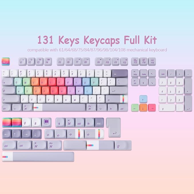 Tsungup MOA Profile Keycaps,131 Keys Gray Rainbow Candy Custom Keycaps,PBT Cute Dye Sub Key Caps Keyboard Keycap Set for MX Switches Mechanical