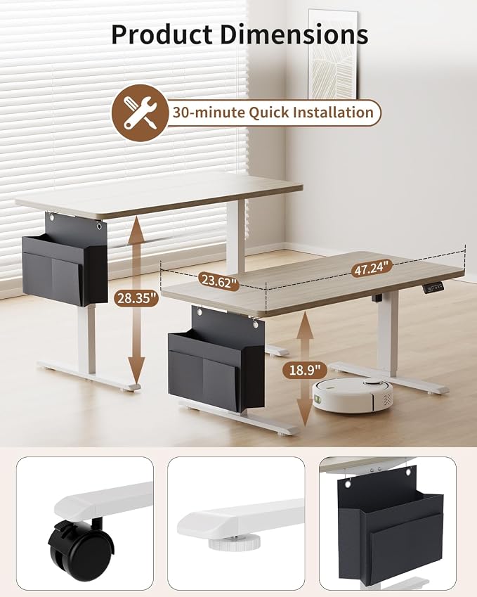 Coffee Table, Height Adjustable Electric Coffee Table with Storage Bag Lift Tabletop Dining Table Office Table with Lockable Wheels for Living Room (Grey Oak Look, 48 x 24 Inches)
