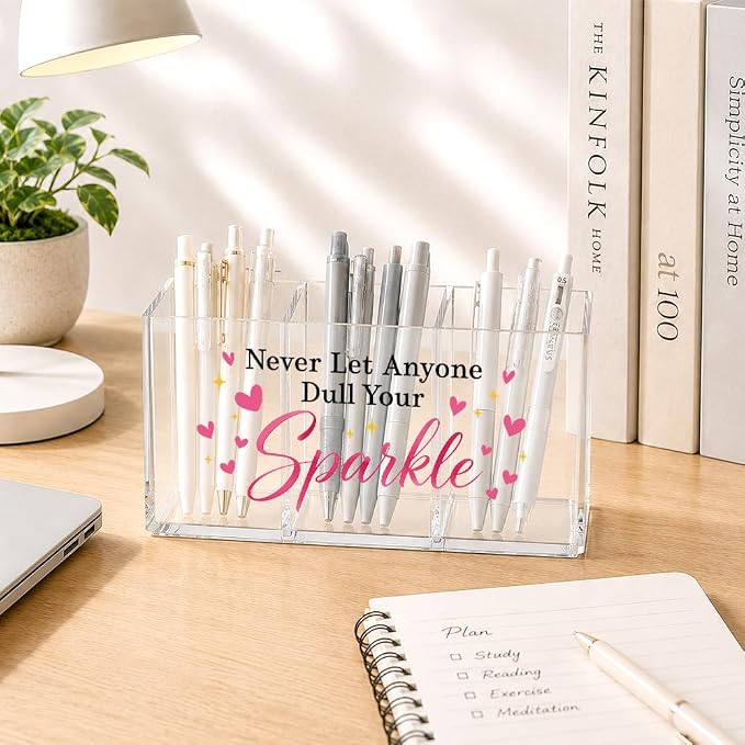 3 Compartment Pink Acrylic Pen Holder for Desk, Never Let Anyone Dull Your Sparkle Desk Organizer Decor, Back to School Inspirational Quote Gifts for Women Girl Coworker Sister Daughter Teacher