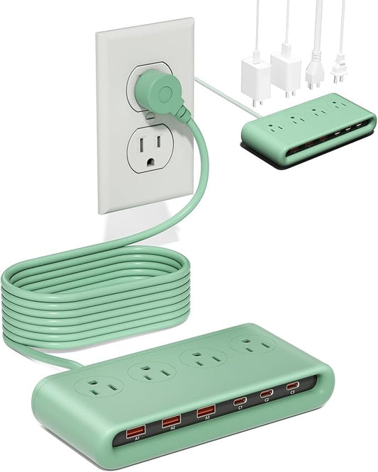 10 in 1 Flat Plug Power Strip with USB C, PD20W Fast Charging Station with 4 Outlets and 6 USB Port（3 Type C+3 USB A, 5ft Extension Cord, Non Surge Protector for Travel (Green)