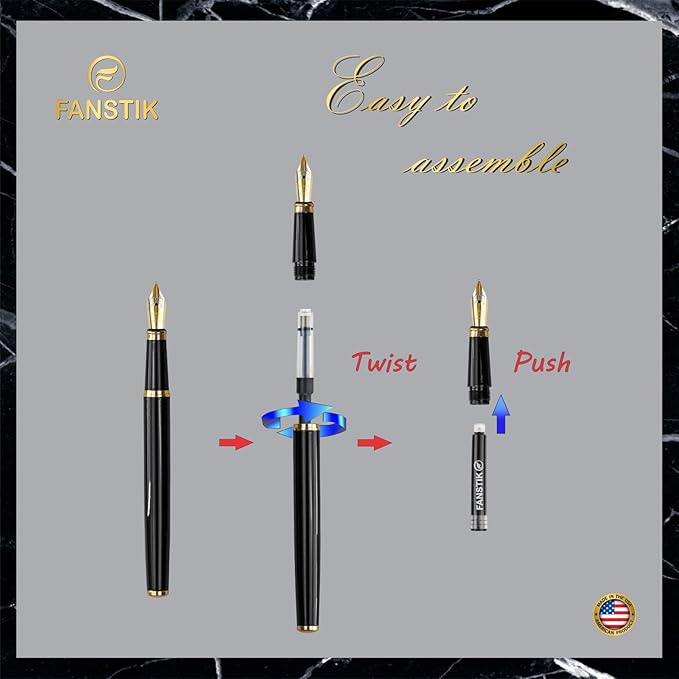Black & Gold Luxury fountain pen, fancy gift set for women, Real 24K Gold Plating, Professional executive pen gift set for men (Lux fountain Black-Gold)