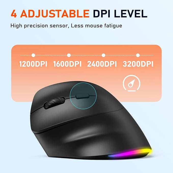 MEETION Left-Handed Ergonomic Mouse, Wireless Vertical RGB Rechargeable Mouse, Bluetooth(5.2 + 3.0) & USB, 4 Adjustable DPI Mice for Mac/Windows/PC/Tablet/iPad Black