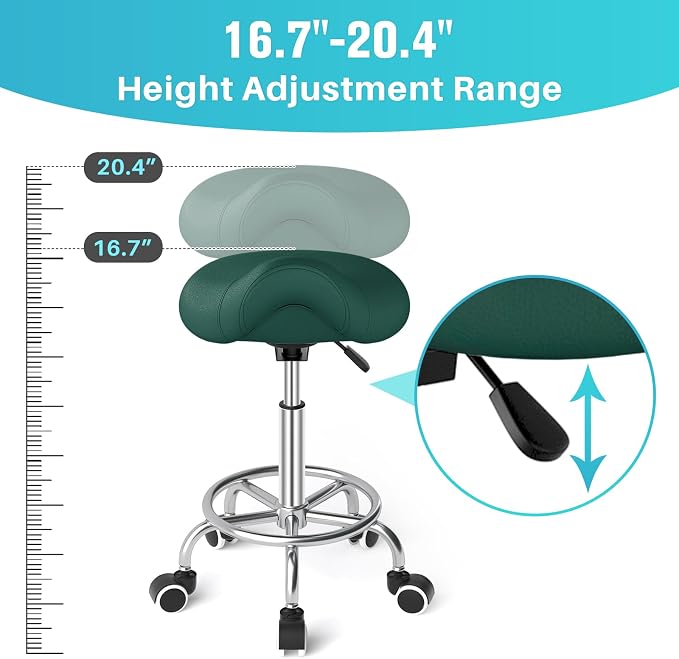 YEEZEE Saddle Stool Ergonomic, Saddle Chair with Wheels, Green | Comfortable Wide Thick Saddle Seat Padding, 360°Swivel, Adjustable Height, Ring Pedal Design, for Medical Massage Salon Spa