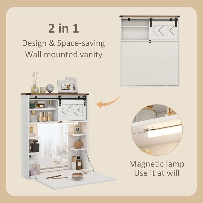 ARTETHYS Floating Vanity with Mirror & Lights White Wall Mounted Makeup Set | 3 Color Adjustable Magnetic Lights, Storage Shelves, Fold Down Desk, Farmhouse Dressing Table for Tiny Space