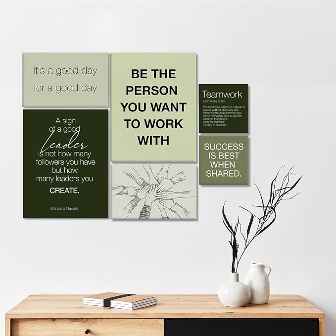 YEOION Sage Green Motivational Teamwork Office Wall Decor,Inspirational Team Work Wall Art Canvas Frame Artwork for Office Workplace Breakroom Wall Decor Set of 6