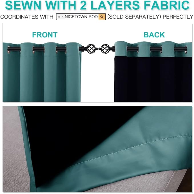 NICETOWN 100% Blackout Blinds, Laundry Room Decor Window Treatment Curtains, Thermal Insulated Energy Smart Drapes for Villa, Hall and Studio, Sea Teal, Set of 2, 70 inches by 95 inches