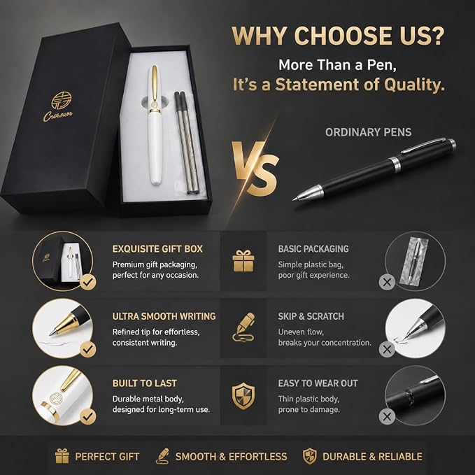 Luxury Gold Rollerball Pen, 24K gold-plated exquisite pen body, stylish and simple design, two ink refills, gift set for men and women, executive writing, office, graduation gift (White)