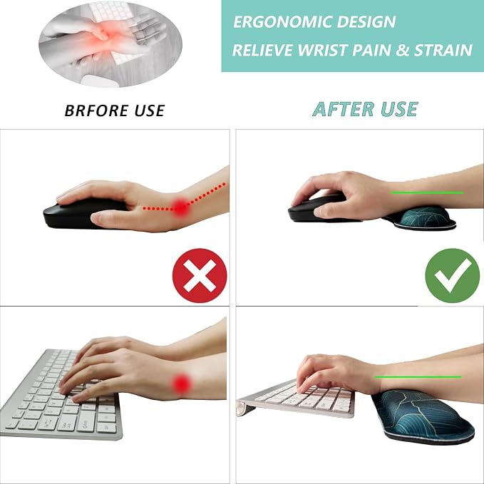 Keyboard Wrist Rest Mouse Wrist Support Set, Memory Foam Wrist Rest Pad for Computer Laptop Keyboard Mouse, Ergonomic Wrist Cushion Support for Typing Pain Relief, Gaming Home Office, Green Leaves