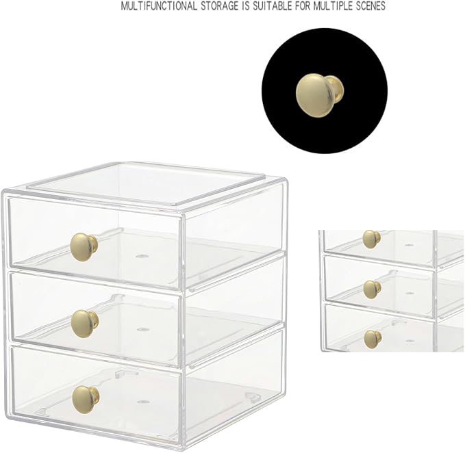 AJIODA Makeup Drawer Organizer Box with 3 Drawers, Acrylic Cosmetic Display Case Vanity Organizer Jewelry Storage Box Stackable Storage for Cosmetics, Skin Care, Bathroom, Countertop, Gold Handle