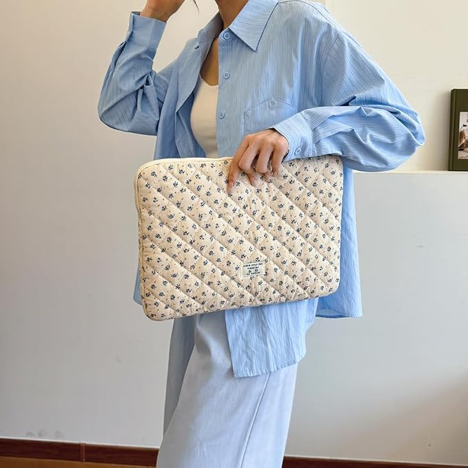 Cute Laptop Sleeve 13-15 inch Laptop Case Aesthetic Quilted Laptop Sleeve Computer Bag with Flower Printing for MacBook (A-Blue, 15inch)