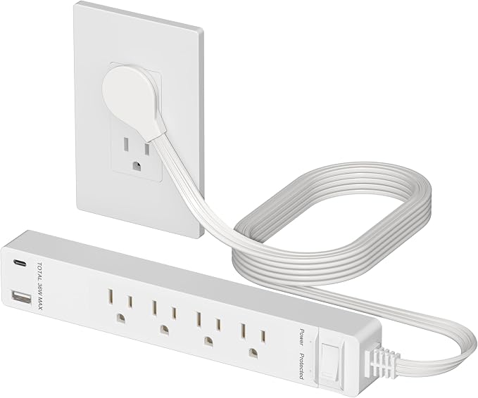 LIDER PD 36W Surge Protected Outlet Extender, 4-Outlet Power Strip, USB-A & USB-C, 5ft, Up to 1500J, LED Indicator, ON/Off Switch, Flat-Plug, 45-Degree Angle, 1250W, ETL Listed, Matte White