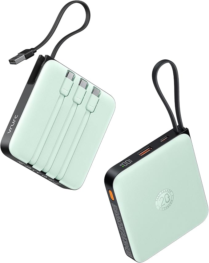 VRURC Portable Power Bank Built-in Cables, 20000mAh 22.5W Fast Charging USB C Battery Pack, Travel Essentials, Phone Charger Battery for iPhone 17/16/15 Series, Samsung Galaxy Series, Green(1 Pack)