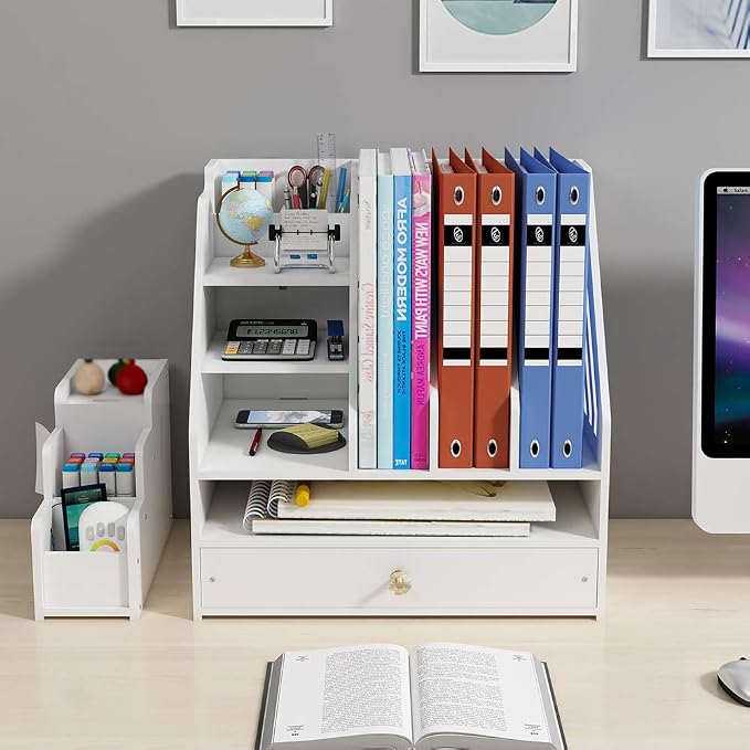 Desk Organizer with Pen Holder, DIY White Office Stationery Desktop Storage Holder Sorter with Drawer for Home, Office and School (PB04)