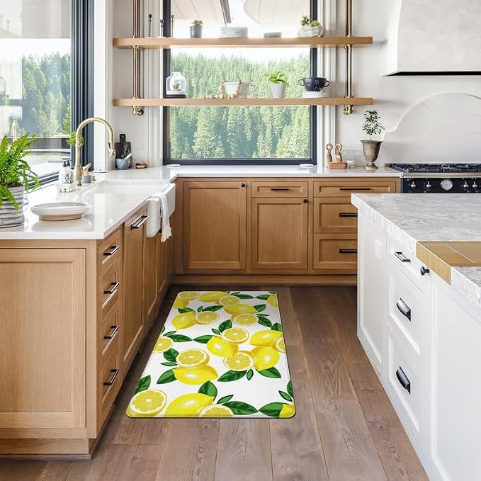 Lemon Kitchen Decor Kitchen Mat, Cushioned Anti Fatigue, Non-Slip | Bright Lemon Pattern,Yellow docor,Cushioned Comfort,Non-Slip Backing,Waterproof Surface,Easy Clean,Kitchen Sink,Laundry