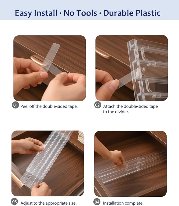 5 Pack Clear Drawer Dividers - Adjustable & Expandable Dresser Organizers, 3" High Plastic Separators with Non-Slip Adhesive for Clothes, Baby Nursery, Bathroom, Kitchen & Makeup