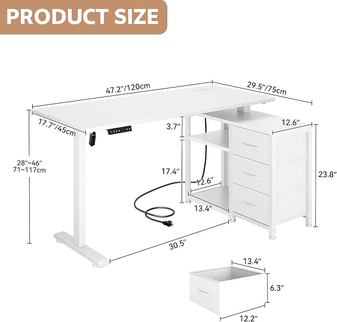 47 Inch L Shaped Desk with 3 Drawers Electric Standing Desks with Storage Computer Table Adjustable Height with Power Outlets 4 Memory Presets for Home Office, White | with Storage Computer Table Adjustable Height with Power Outlets 4 Memory Presets fo...