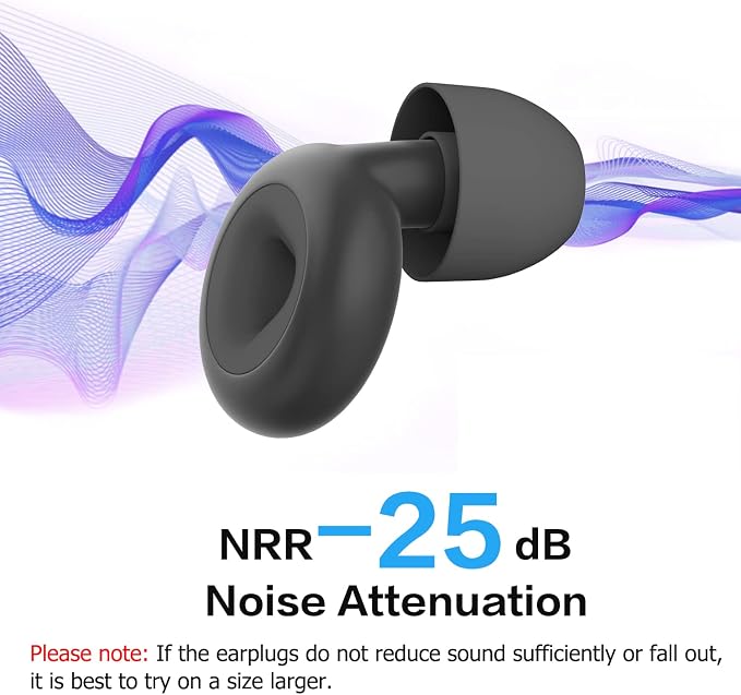 Ear Plugs for Sleeping Noise Cancelling, Reusable Hearing Protection in Flexible Silicone, Noise Cancelling Earplugs for Sleep - 6 Ear Tips in S/M/L, 25dB Noise Cancelling Black