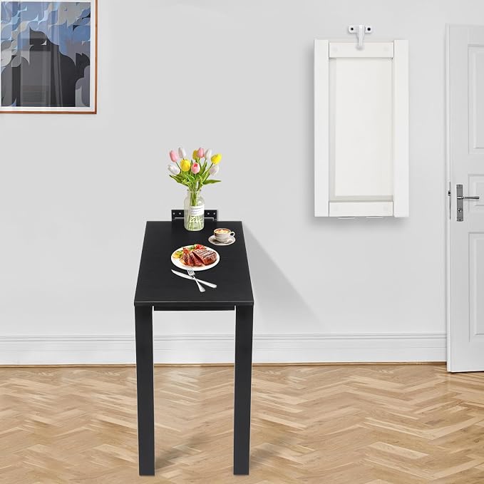 Wall Mounted Folding Dining Table, 30in L Wood Drop-Leaf Desk With Support Legs, Thickened Plate & Bearing Capacity 132lbs For Small Space, Laundry, Dining Room, Bedroom, Home Office. (Black)