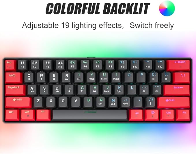 abucow 60% Mechanical Gaming Keyboard Black Switch Wired Compact Keyboard Anti-Ghosting No-Conflict 61 Swappable keycaps Ergonomic Design for Windows/Mac (Red-Black)