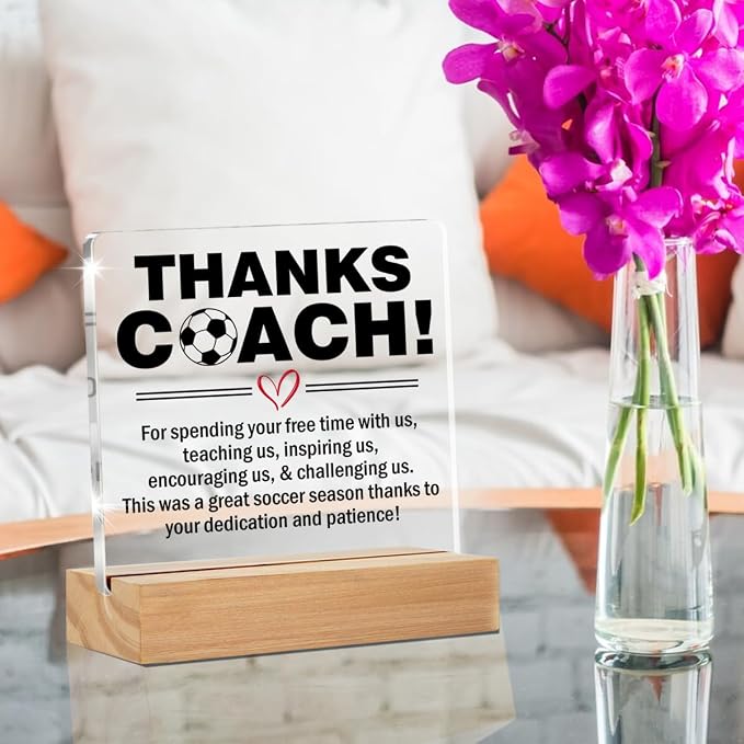 Soccer Coach Gifts for Men Thank You Appreciation Desk Decor Sign | End of Season Soccer Gift for Coach, Home Office Desk Decorative Sign, Clear, Acrylic, 4 x 4 Inches