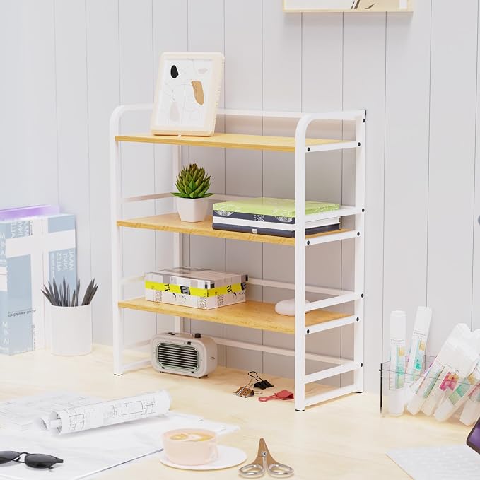 Office Desk Shelf Organizer, Wood Desktop Bookshelf Supplies Storage Rack, Shelf for Top of Desk and Dresser and Cubicle Decor Aesthetic Bookshelf (White Wood, Three Tier, 11.81Lx7.87Wx22.05H)