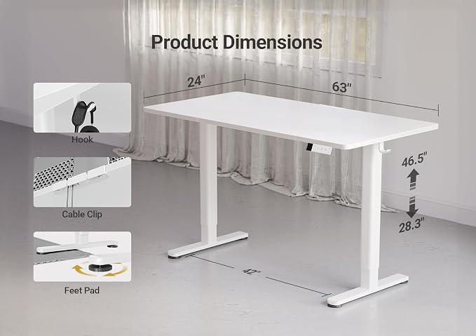 YDN Electric Standing Desk Adjustable Height, 63 x 24 Inches Stand up Desk with Cable Management, Home Office Desks with Splice Board & White Frame, White Top