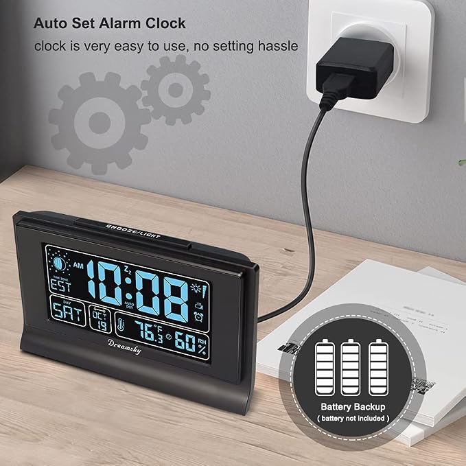 DreamSky Alarm Clocks for Bedrooms with Battery Backup, Auto Set | Digital Clock with Date and Day of Week, Indoor Temperature Humidity, Moon Phase, Dimmer, Auto DST, USB Port