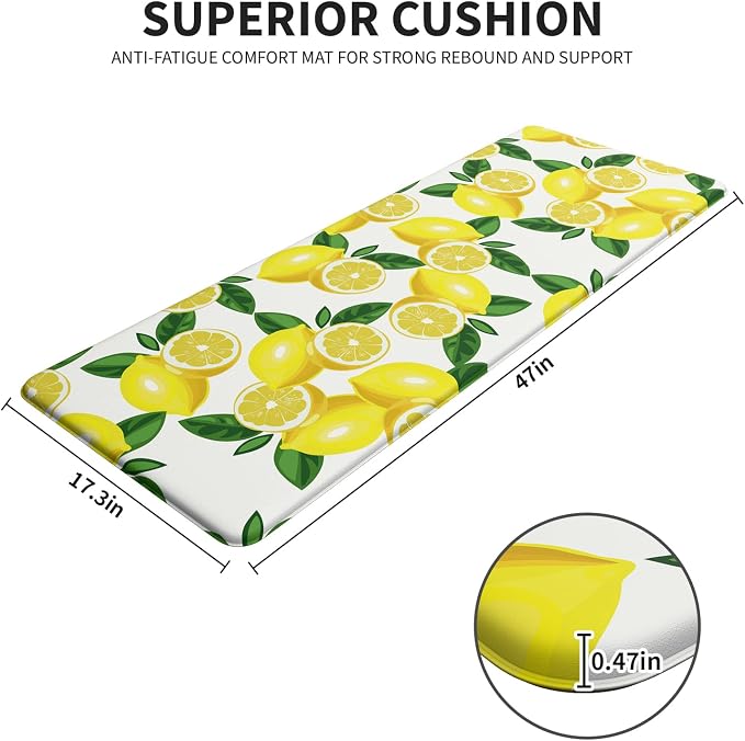 Lemon Kitchen Decor Kitchen Mat, Cushioned Anti Fatigue, Non-Slip | Bright Lemon Pattern,Yellow docor,Cushioned Comfort,Non-Slip Backing,Waterproof Surface,Easy Clean,Kitchen Sink,Laundry
