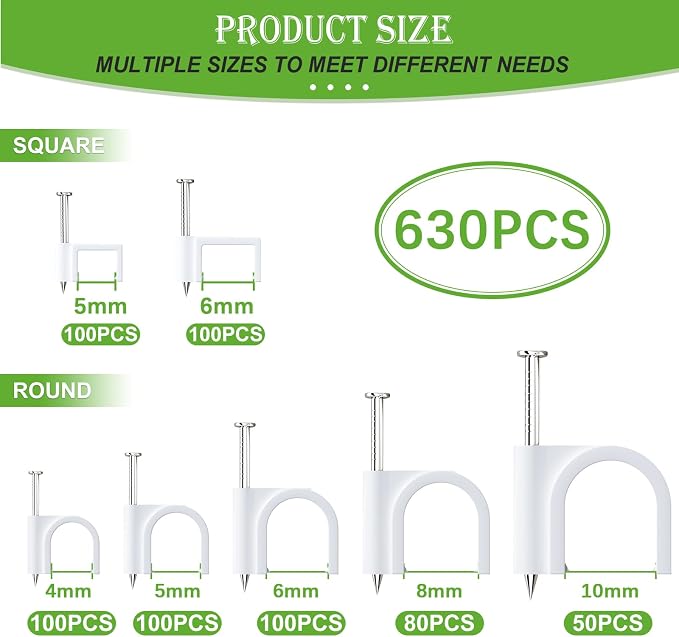 mxuteuk 630PCS Cable Clips with Steel Nails,4/5/6/8/10mm Round and 5/6mm Square White Cable Wire Clips,Wall Clips for Cords,Cable Cord Clips for RG6 RG59 CAT6 RJ45