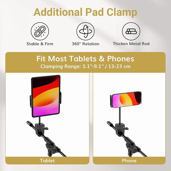 TONOR Microphone Stand with Tablet Holder, Tripod Boom Arm for Floor, Adjustable Height and Angle, Heavy Duty Stand with Carrying Bag, Smartphone and Pad Clamp, Excellent Compatibility, T35