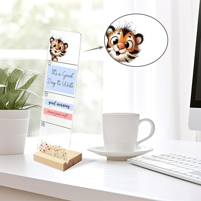 Sticky Note Holder, Monitor Memo Board, Acrylic Post It Note Holder with Wooden Base, Includes 200 Notes, Desk Organizer for Office, Cute Tiger Design