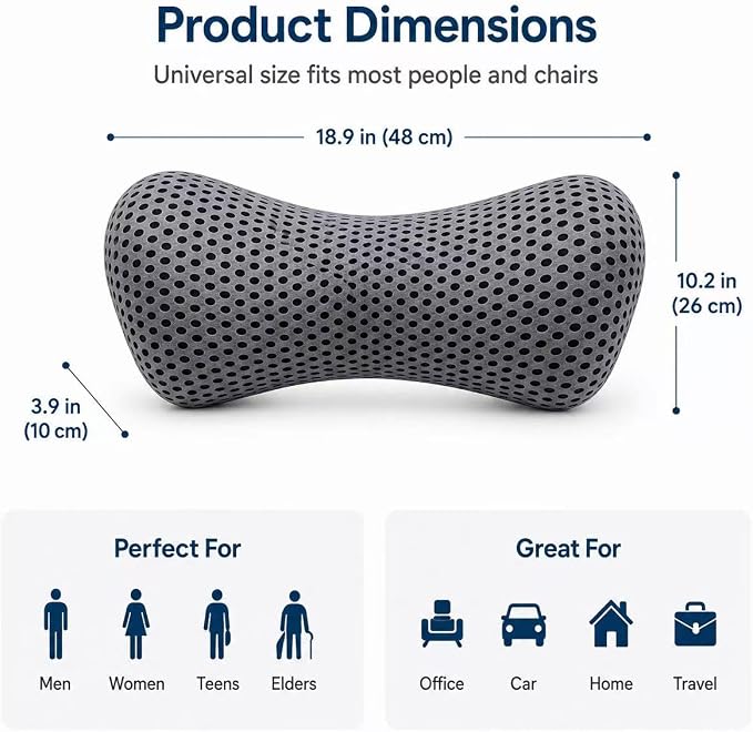 Ergonomic Lumbar Support Pillow, Memory Foam Back Cushion | Back Pillow for Low Back Pain Relief, Ergonomic Streamline Car Seat, Office Chair, Recliner and Bed