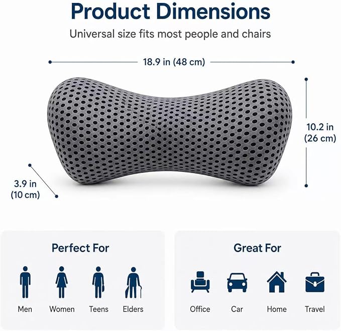 Ergonomic Lumbar Support Pillow, Memory Foam Back Cushion | Back Pillow for Low Back Pain Relief, Ergonomic Streamline Car Seat, Office Chair, Recliner and Bed