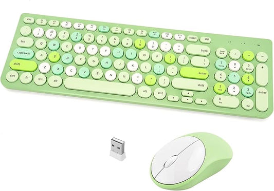 Wireless Keyboard and Mouse Combo, Retro Typewriter Keyboard with Round Keycaps, 2.4GHz USB Cute Wireless Keyboard Mouse for Computer, Desktop, Laptop (Green Colorful)