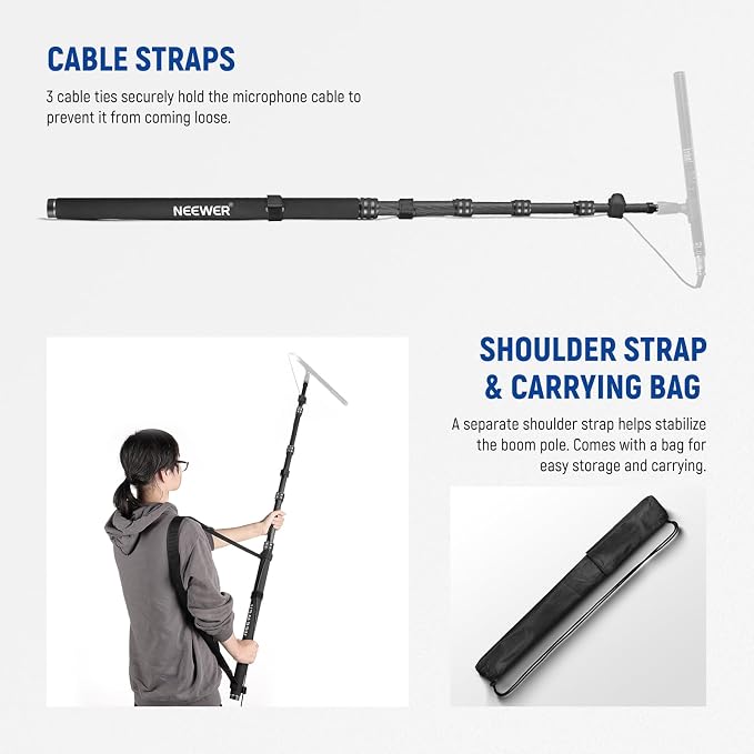 NEEWER Upgraded Microphone Boom Pole, 9.8ft/300cm Telescopic Carbon Fiber Mic Boom Arm with 5 Sections, 1/4" 3/8" 5/8" Screw Adapters, Cable Straps, Shoulder Strap & Storage Bag, MS-300CB (Black)