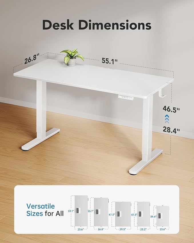 HUANUO Electric Standing Desk, Whole Piece Desktop, Adjustable Height Computer Desk, 4 Height Memory Settings, Sit Stand Up Desk for Home Office, 55" x 27", White