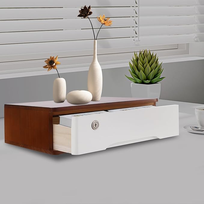 Desktop Storage Box with Lockable Drawer, Office Supplies Drawer Organizer, Wooden Desk Organizer, Small Bamboo Storage Box for Desk, Modern Desktop Drawer Organizer (Walnut+White)
