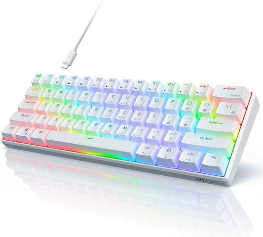 RK ROYAL KLUDGE RK61 60% Gaming Keyboard, Wired RGB Mechanical Keyboard with No-Conflict 61 Keys, Hot Swappable PC Game Keyboards for Windows Mac, Quiet Red Switch-White