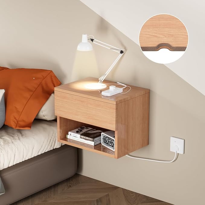 Floating Nightstand, Modern Wall Mounted Bedside Table with Drawer, Wood Bedside Shelf & Desk, End Table Wood Modern Night Stand for Bedroom (T6784876, Set of 1)