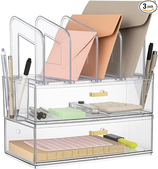 Acrylic Desk Organizer with Drawer, Office Supplies,Organization Storage, 2 PC Drawer Organizer with 4 File Sorter, Desk Organizers and Accessories, Clear Acrylic File Organizer