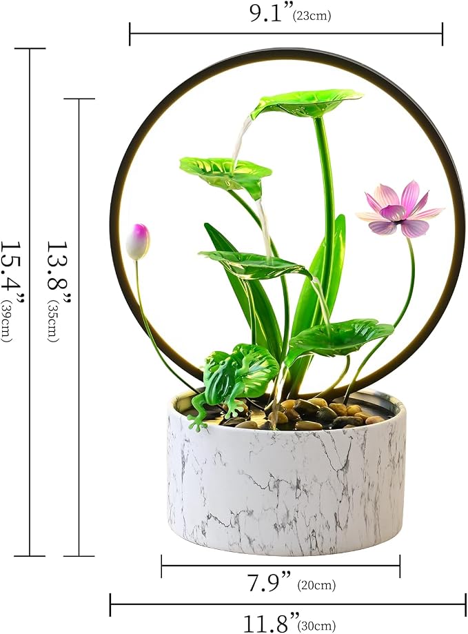 Qingyinge 15‘’H Green Small Water Fountain Indoor, Metal LED Light Relaxation Tabletop Fountain, for Meditation Yoga Spa Room Decor.