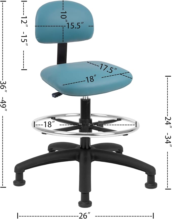 FSS Series Square seat Tall (24"-34") seat Height Chair. Vinyl-for Office, Garage, Desk, Shop, Computer, Doctor, Medical, Easy to Clean! 18" Footring (Aqua, Tall, Glides)