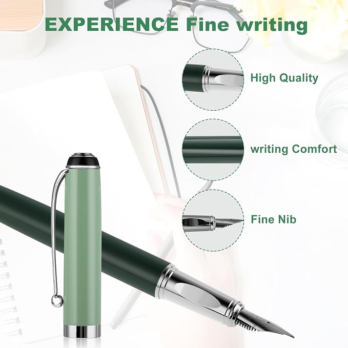 cobee Metal Fountain Pens with 10 Black Ink Cartridges, 0.5mm Fine Nib Fountain Pen Smooth Writing Luxury Calligraphy Pen Office School Supplies Gift(Green)