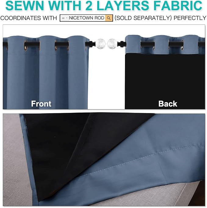 NICETOWN 100% Blackout Curtains with Black Liners, Home Decor Thermal Insulated Full Blackout 2-Layer Lined Drapes, Energy Efficiency Window Draperies for Bedroom (Stone Blue, 2 Panels, 42"W by 63"L)