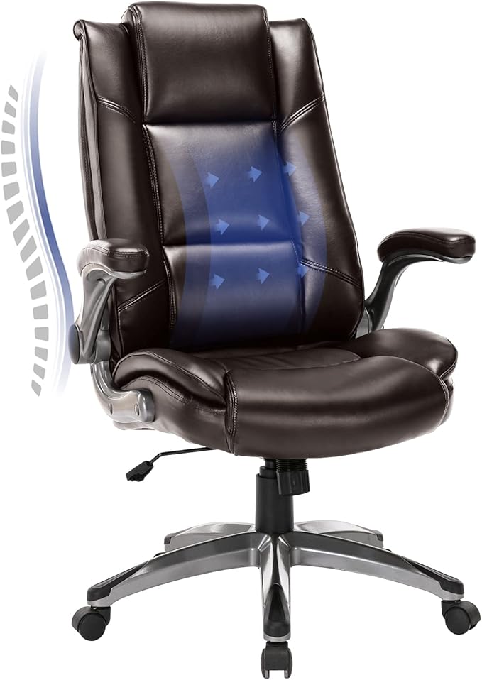 MALOL Leather Executive Office Chair - High Back Home Computer Desk Chair with Padded Flip-up Arms, Adjustable Tilt Lock, Swivel Rolling Ergonomic Chair for Adult Working Study, Brown