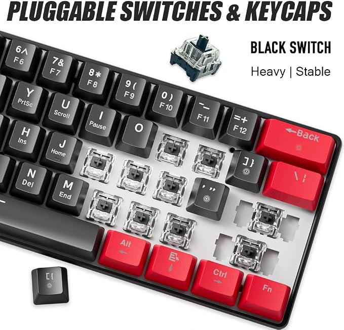 abucow 60% Mechanical Gaming Keyboard Black Switch Wired Compact Keyboard Anti-Ghosting No-Conflict 61 Swappable keycaps Ergonomic Design for Windows/Mac (Red-Black)