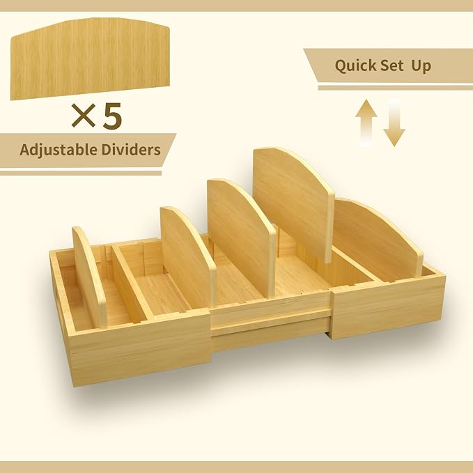 Lid Organizer for Cabinet – Bamboo Kitchen Storage for Plastic Lids, Adjustable Drawer Dividers, Food Container Organizer (Fits Cabinets & Drawers) (Large)