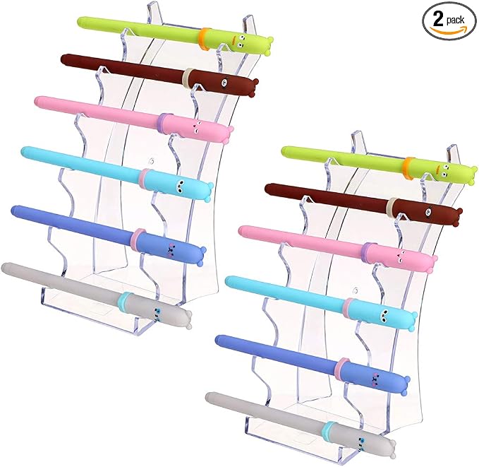 Hipiwe Acrylic Pen Holder Display Stand Makeup Brush Organizer, 2Pcs 6-Slot | Clear Nail Brush Eyebrow Fountain Pen Display Rack (Pack of 2)