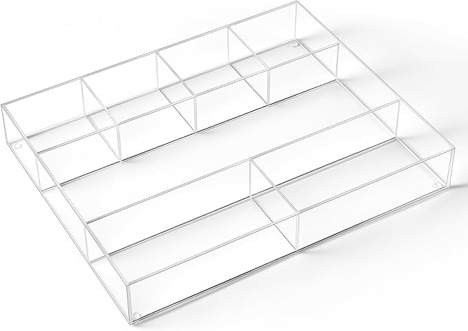 Large Acrylic Desk Deep Drawer Organizer with Adjustable Dividers, Anti-skip Clear Desk Top Junk Drawer Storage Tray for Pens, Desktop, Office, Bathroom, Kitchen, Makeup Supplies(7 Compartments)